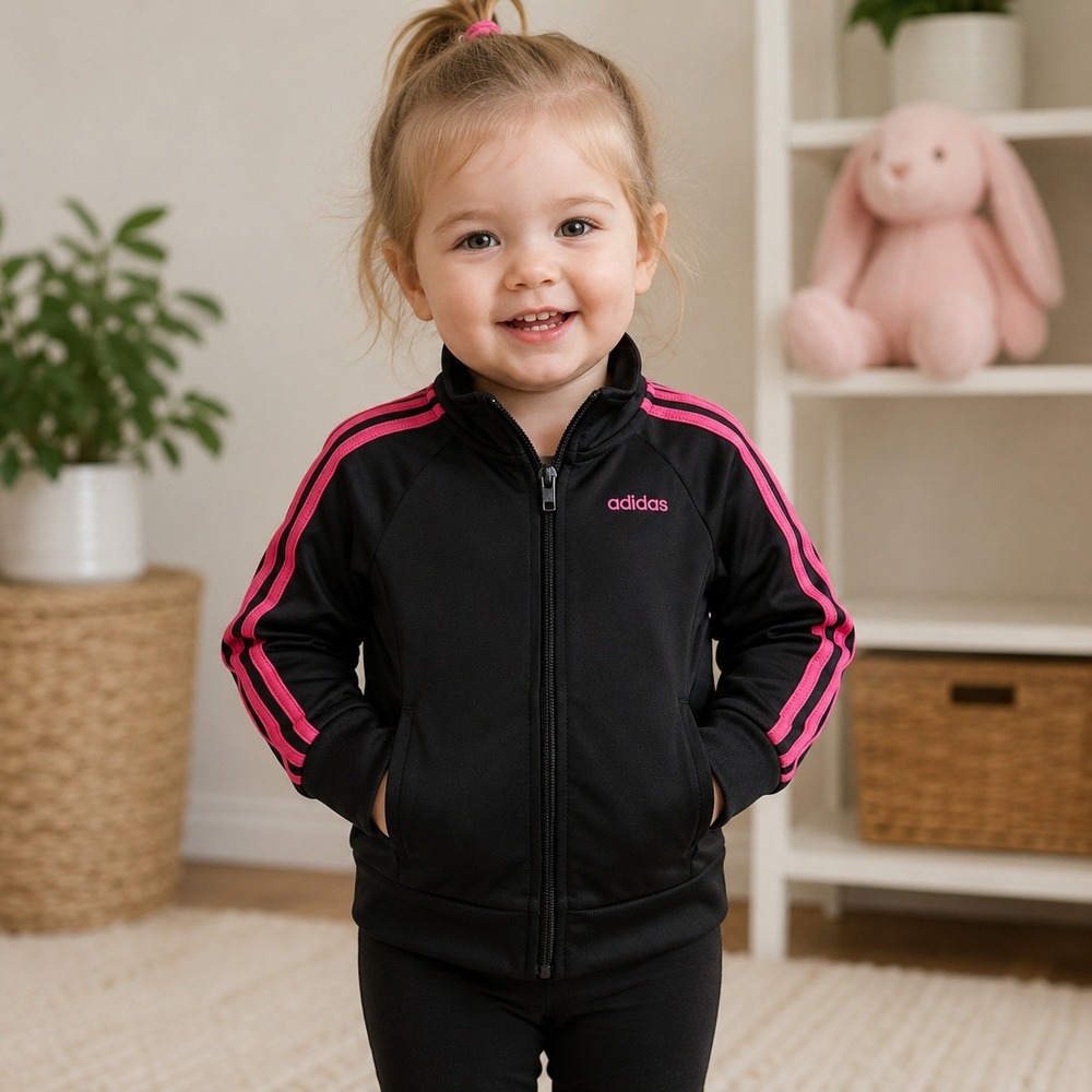 Adidas Toddler Girls Black Pink Track Jacket‎ Full Zip Athletic 24 Months